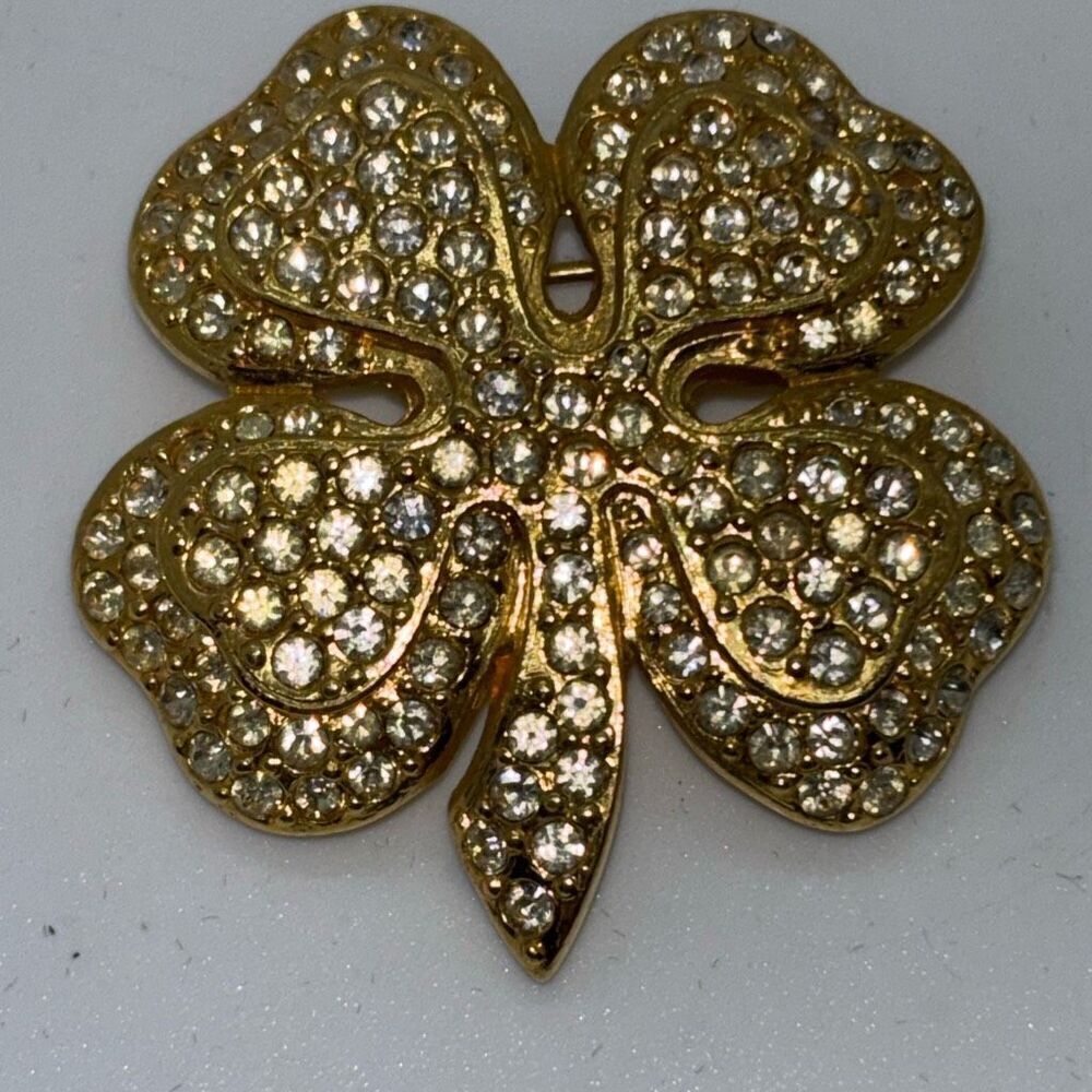 Vtg Joan Rivers signed 4 leaf Clover rhinestone crystal pin brooch shamrock +box